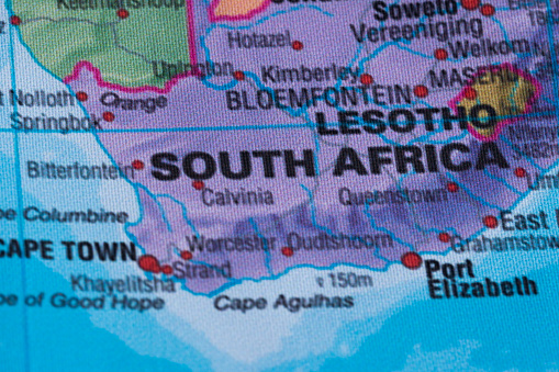 Map view of South Africa on a geographical globe