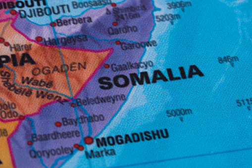 Map view of Somalia on a geographical globe