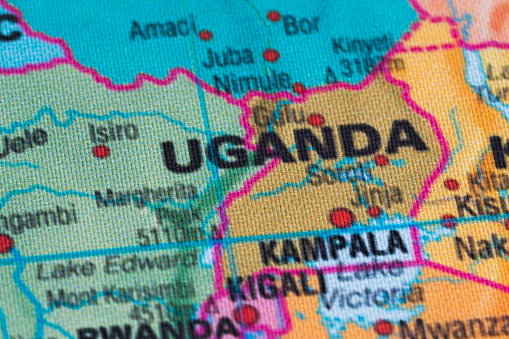 Map view of Uganda on a geographical globe