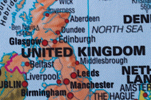 Map view of United Kingdom on a geographical globe