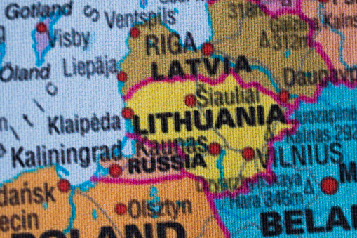 Map view of Lithuania on a geographical globe