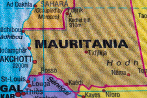 Map view of Mauritania on a geographical globe