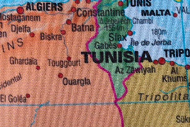 Map view of Tunisia on a geographical globe.