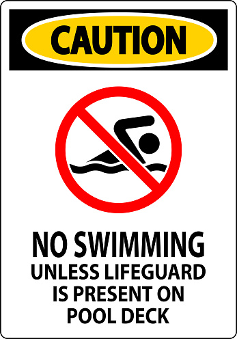 Caution Pool Sign No Swimming Unless Lifeguard Is Present On Pool Deck