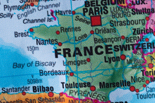 Map view of France on a geographical globe