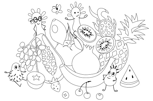 Fruits and cute probiotic bacteria characters. Colored page background. Editable stroke