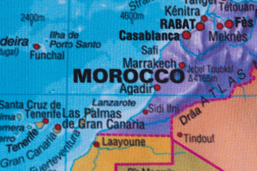 Map view of Marocco on a geographical globe