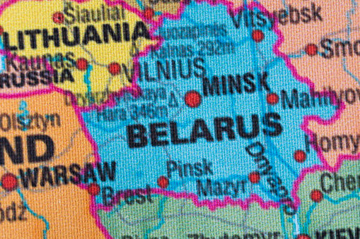 Map view of Belarus on a geographical globe