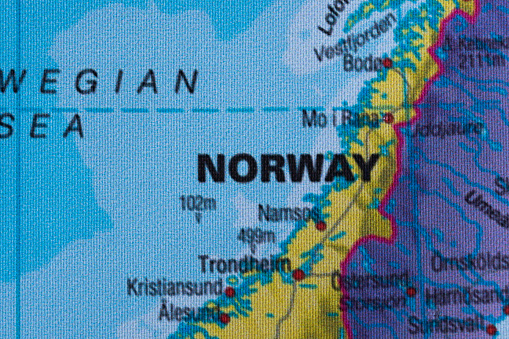 Map view of Norway on a geographical globe