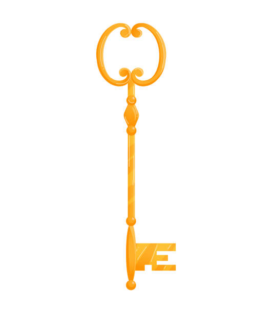 istock Golden key with intricate design standing upright. Magical fancy key with vintage look. Fantasy and wonder vector illustration 1943430829