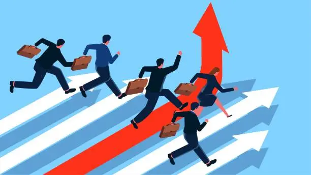 Vector illustration of Discovering different directions or different opportunities, different attempts in professional or business competition, seeking new breakthroughs, isometric group of businessmen running on arrows