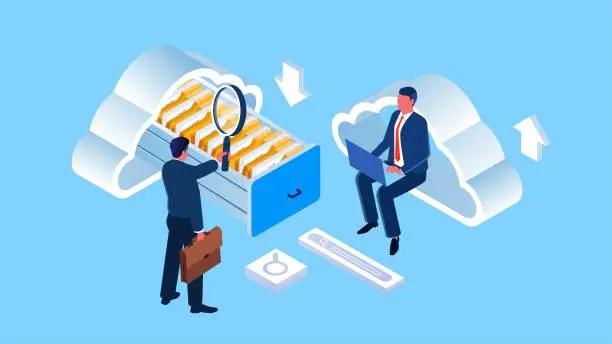 Vector illustration of File management, file search, data file backup and cloud storage, cloud computing, cloud work, etc. Distance traders search for files and work on computers in the cloud