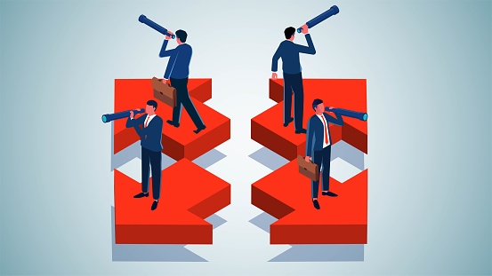 Opportunities and future in career or business development, long term plans, projections and future, isometric businessman standing with binoculars with arrows in four different directions