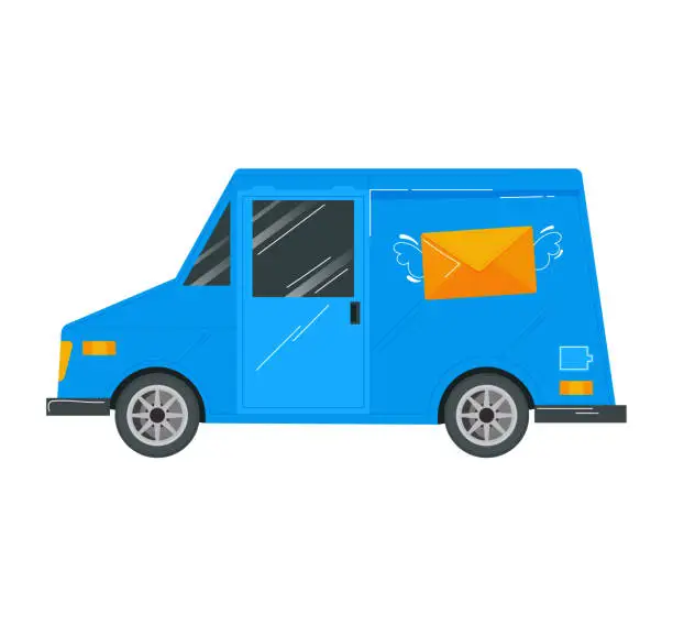 Vector illustration of Blue delivery van with flying envelope on side. Fast shipping and mail delivery service concept. Vector illustration.