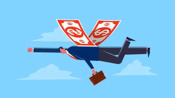 Vector illustration of The desire and pursuit of money, focus on business or career, investment and finance, business growth ideas, businessmen with money wings flying through the air and moving forward