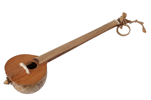 Turkish tambour. Long-necked folk string instrument of the lute family. Isolated on white background.
