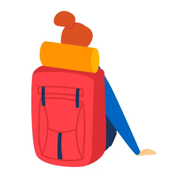 Vector illustration of Backpacker resting with large red backpack outdoor. Hiking adventure, exploration travel theme. Camping rest time, enjoying nature vector illustration