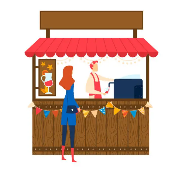 Vector illustration of Redheaded woman ordering at outdoor festival bar with male bartender serving. Casual leisure day, street market scene. Vendor and customer interaction, social event vector illustration