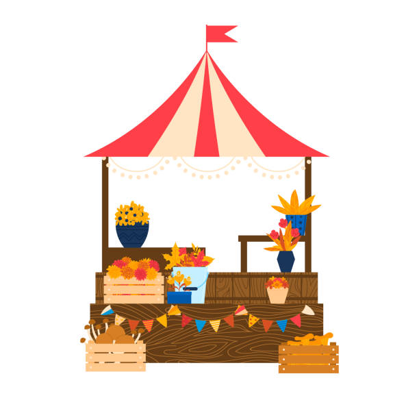 ilustrações, clipart, desenhos animados e ícones de barraca do mercado de agricultores com colheita colorida de outono, abóboras, flores e caixas de madeira. tenda do festival de outono com ilustração vetorial de decorações sazonais - market tent market stall agricultural fair