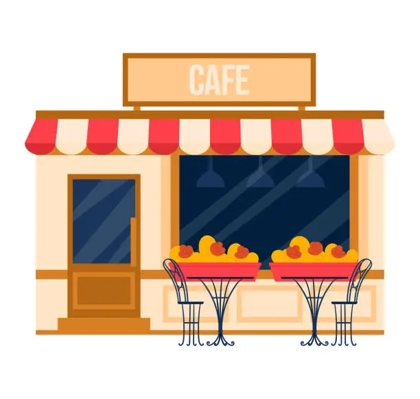 Vector illustration of Cafe exterior with red awning, two chairs, and fruit display outside. Quaint and inviting European street cafe vector illustration