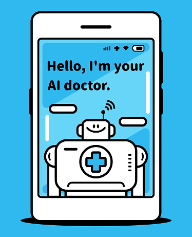 Cute AI characters vector art illustration.
Virtual Medical Consultation, an Artificial Intelligence Robot Doctor appears on the smartphone screen and greets you.

This concept emphasizes the idea of a virtual doctor's visit through the smartphone. The illustration showcases the AI Robot Doctor extending a warm greeting, symbolizing the growing trend of telemedicine and the integration of AI in healthcare consultations.