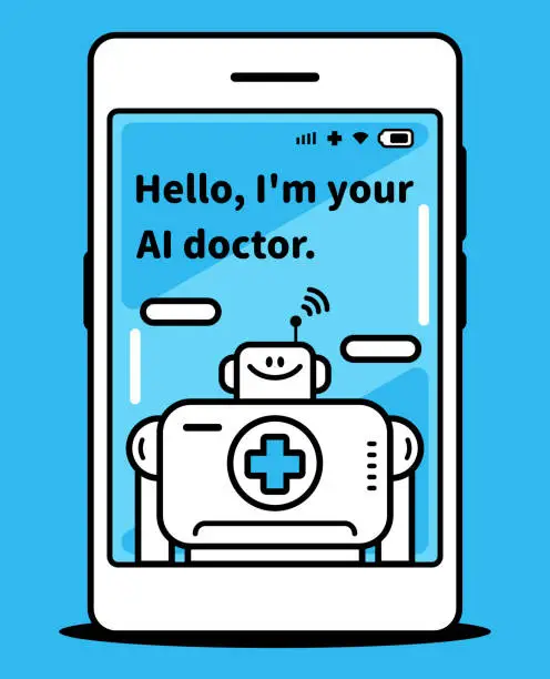 Vector illustration of Virtual Medical Consultation, an Artificial Intelligence Robot Doctor appears on the smartphone screen and greets you