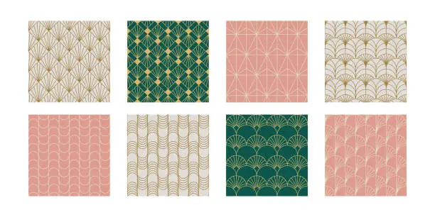 Vector illustration of Set of Vintage Art Deco Seamless Pattern. Line art geometric gold shapes. Modern ornaments vector illustration. Gatsby retro elegant background for fabric, wallpaper or wrapping