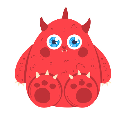 Cute red monster with blue eyes and little horns. Funny cartoon creature with surprised expression. Child-friendly monster design vector illustration.
