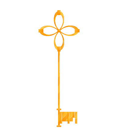 Golden key with a loop design on top, fancy vintage key side view isolated. Elegant key for fantasy stories or ancient concepts. Decorative key object vector illustration.