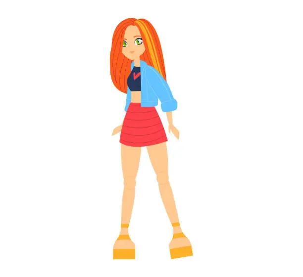 Vector illustration of Girl with red hair standing confidently in casual outfit. Stylish teenager wearing a crop top, skirt, and jacket. Youth fashion and self-expression vector illustration