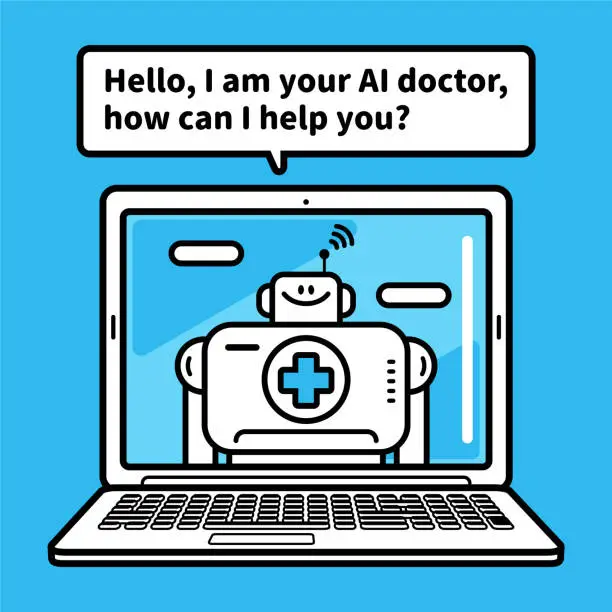 Vector illustration of Virtual Medical Consultation, an Artificial Intelligence Robot Doctor appears on the laptop computer screen and greets you