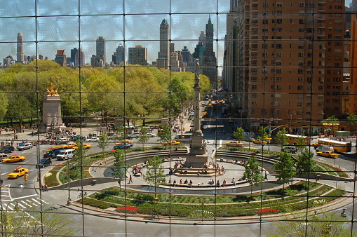 New York, NY, USA May 2 The windows of the Time Warner Center create a grid pattern when looking out onto Columbus Circle, near Central Park in New York Cityscape