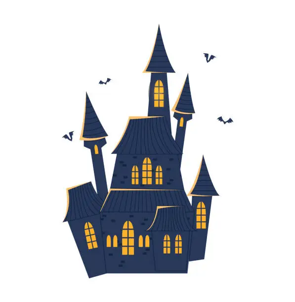 Vector illustration of Spooky castle with tall towers and flying bats at night. Halloween haunted house with glowing windows. Scary fortress and dark mystery theme vector illustration