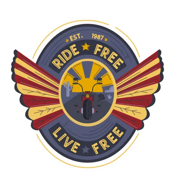 Vector illustration of Biker emblem with motorcycle and wings design. Ride Free Live Free motorcycle club logo. Classic biker badge vector illustration