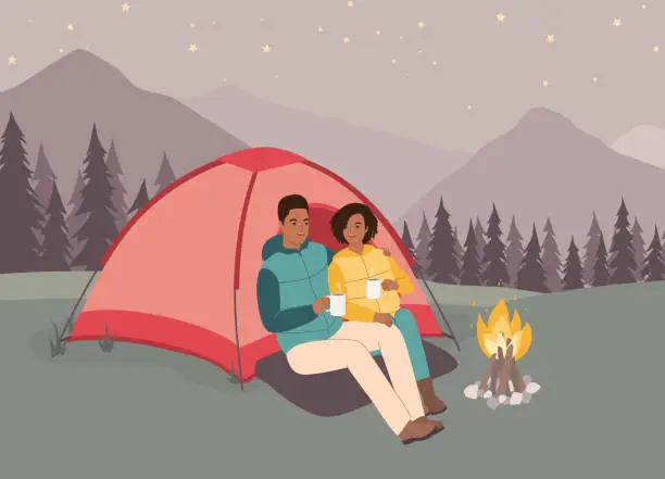 Vector illustration of Black Couple Sitting And Drinking Coffee In Front Of Tent.