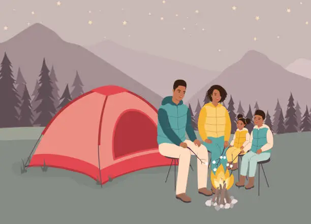 Vector illustration of Black Family Roasting Marshmallows Over A Campfire.