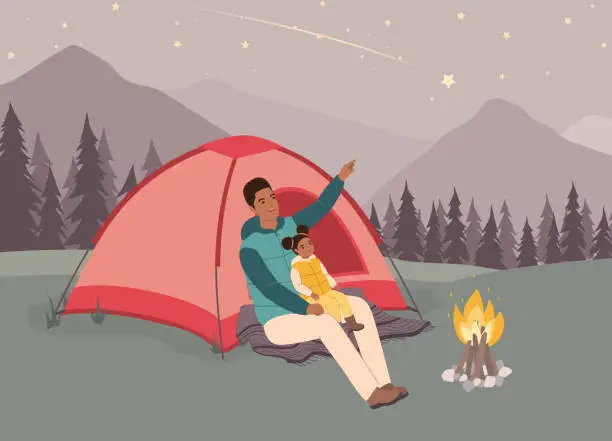 Vector illustration of Black Father And Daughter Sitting In Front Of Tent Looking Up At The Shooting Star.