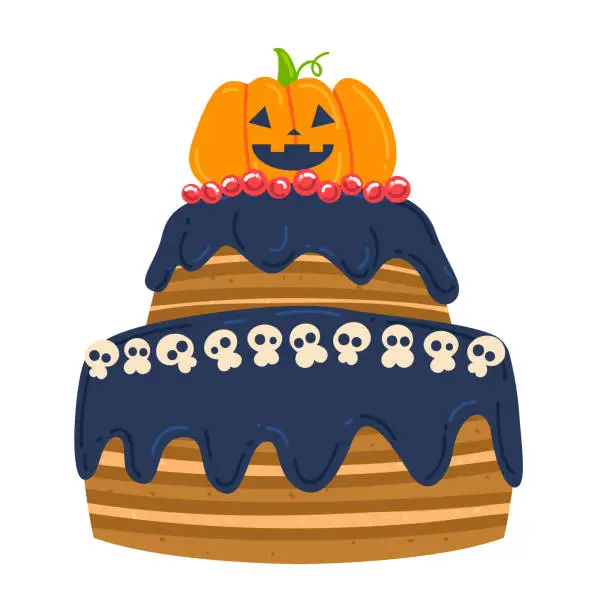 Vector illustration of Halloween themed cake with pumpkin and skull decorations. Festive sweet dessert for spooky celebration. Halloween party food and fun treats vector illustration