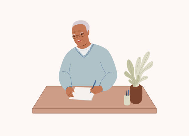 Black Elderly Man With Pen Writing A Letter. Taking Note. One Smiling Elderly Senior Man With Pen Writing A Letter On Desk. Isolated On Color Background. man writing stock illustrations