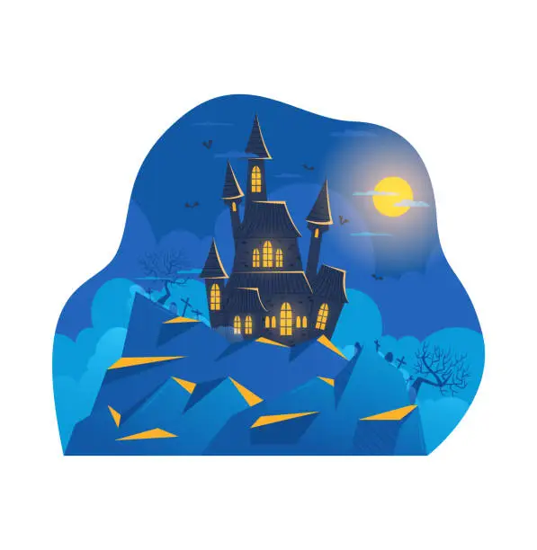 Vector illustration of Spooky haunted house on hill with flying bats and full moon. Halloween night scene with eerie castle and dead trees. Ghostly mansion silhouette in moonlight vector illustration