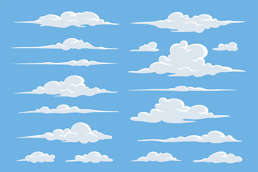 set of white clouds on a blue background, clouds in cute cartoon style