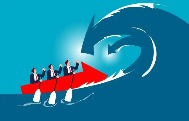 Vector illustration of Challenging risks and crises, fearlessness, determination and courage to overcome difficulties or defeat setbacks, the business team paddles through the waves of the descent