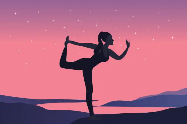 Vector illustration of Beautiful woman doing yoga exercise on the beach vector illustration. Health lifestyle workout concept