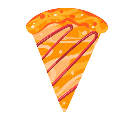 Bright cartoon pizza slice with melty cheese and pepperoni. Delicious fast food vector illustration.