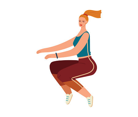Young woman exercising, fitness outfit, ponytail hairstyle, jumping or dancing. Active female, workout motion, healthy lifestyle vector illustration.