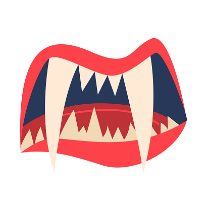 Graphic design of an open mouth with sharp teeth and a UK flag tongue. British-themed monster mouth vector illustration.