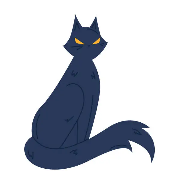 Vector illustration of Blue cat sitting with a grumpy expression and yellow eyes. Stern feline with a sassy attitude indoors. Animal mood and pet characters vector illustration