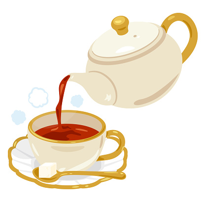 Teapot pouring hot tea into a cup