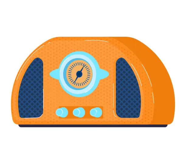 Vector illustration of Orange retro radio with blue speakers and dial. Vintage radio receiver design vector illustration. Music nostalgia and retro technology concept art