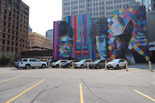Minneapolis, Minnesota, USA. August 20, 2023. Mural honoring Bob Dylan. Bob was born in Minnesota in 1941.